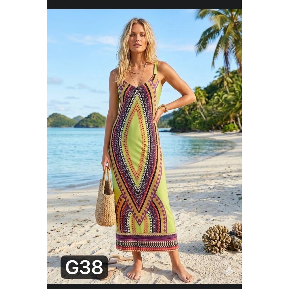 Ashley Stewart Lime Green Dashiki Print Maxi/Midi Dress Plus Sz 14/16 Sleeveless